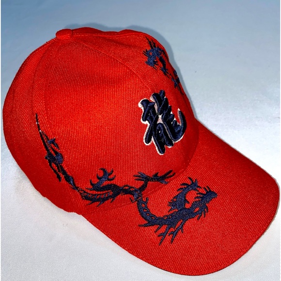 Red Dragons Chinese Calligraphy Character Dragon Embroidery Red Baseball Cap - Picture 1 of 7